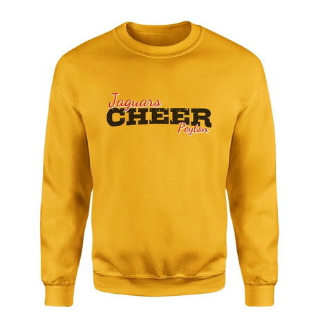 custom cheer mascot and cheerleader name on a sweatshirt with a black graphic