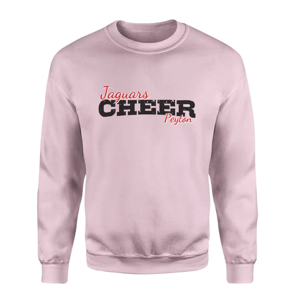 custom cheer mascot and cheerleader name on a sweatshirt with a black graphic