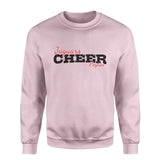 custom cheer mascot and cheerleader name on a sweatshirt with a black graphic