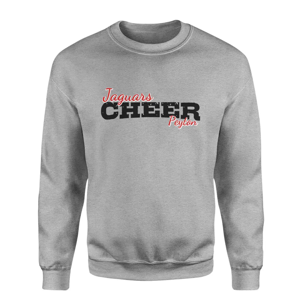 custom cheer mascot and cheerleader name on a sweatshirt with a black graphic