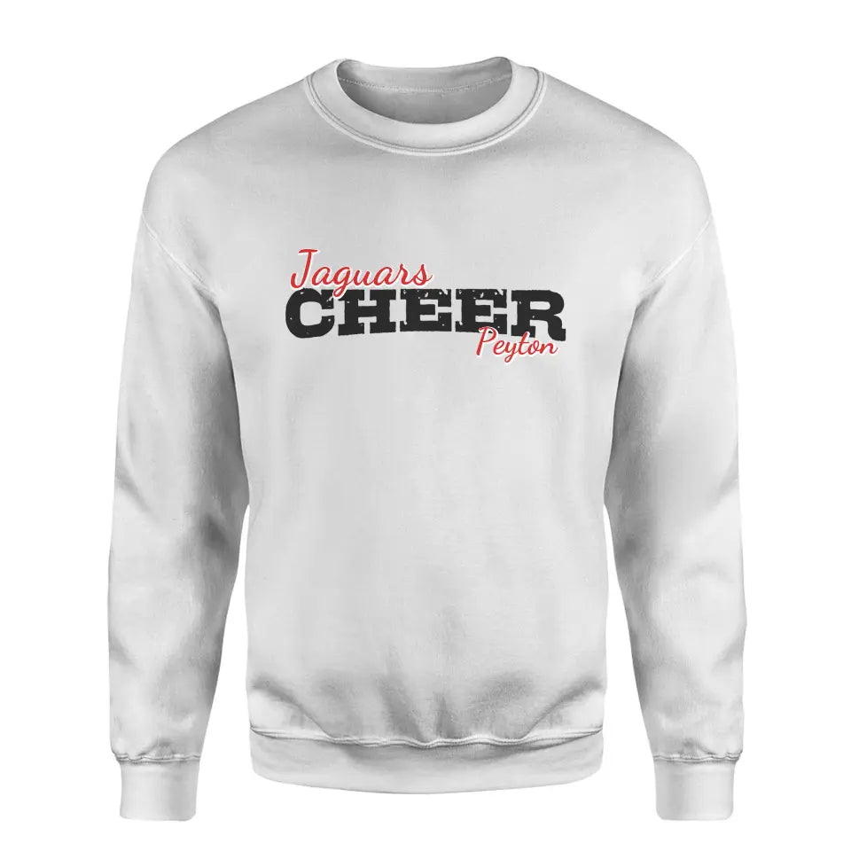 custom cheer mascot and cheerleader name on a sweatshirt with a black graphic