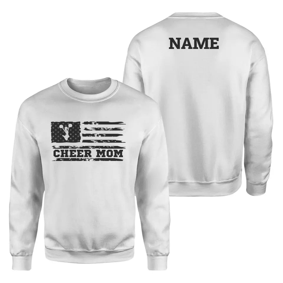 cheer mom horizontal flag with cheerleader name on a sweatshirt with a black graphic