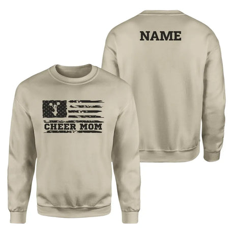 cheer mom horizontal flag with cheerleader name on a sweatshirt with a black graphic