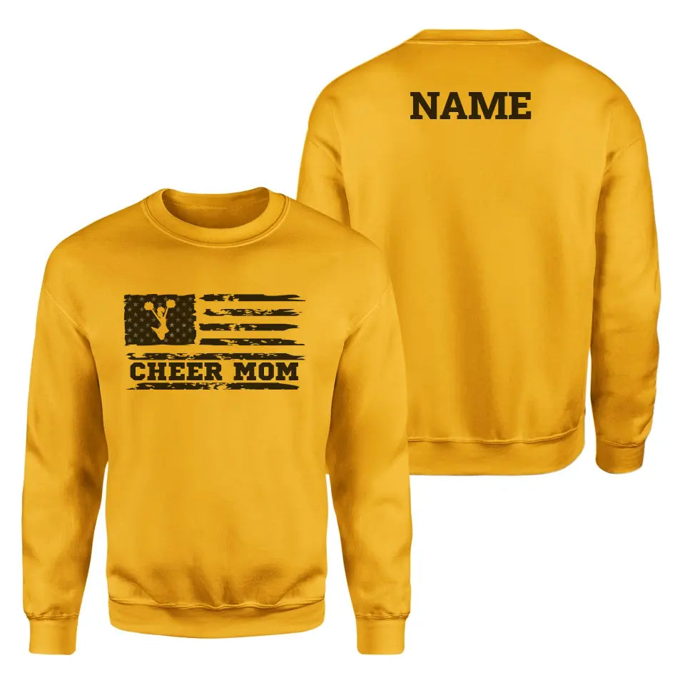 cheer mom horizontal flag with cheerleader name on a sweatshirt with a black graphic