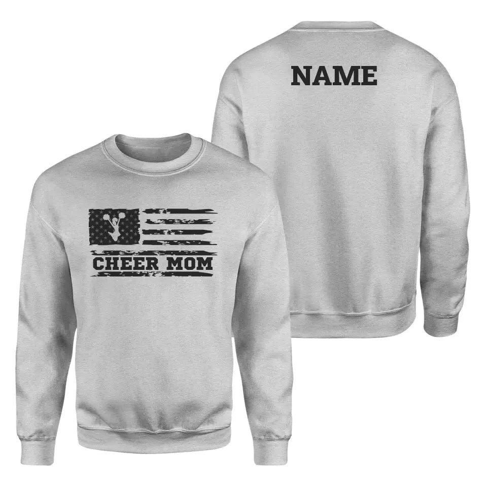 cheer mom horizontal flag with cheerleader name on a sweatshirt with a black graphic