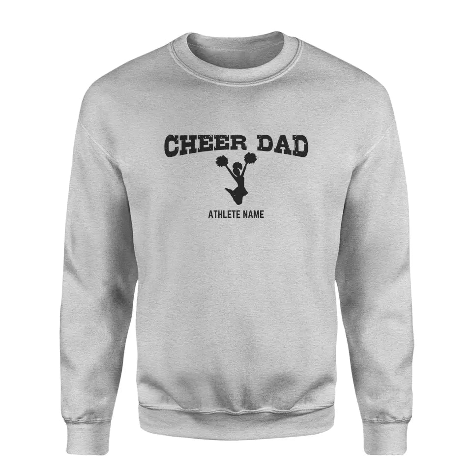 cheer dad with cheerleader icon and cheerleader name on a sweatshirt with a black graphic