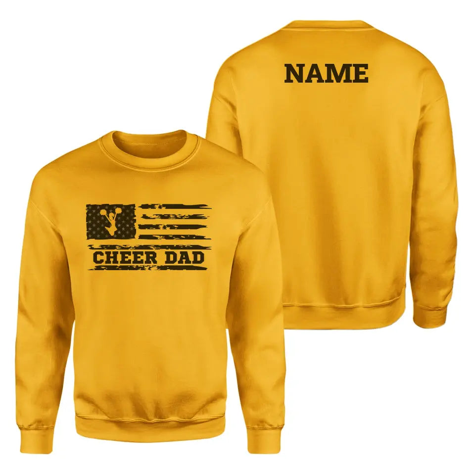 cheer dad horizontal flag with cheerleader name on a sweatshirt with a black graphic