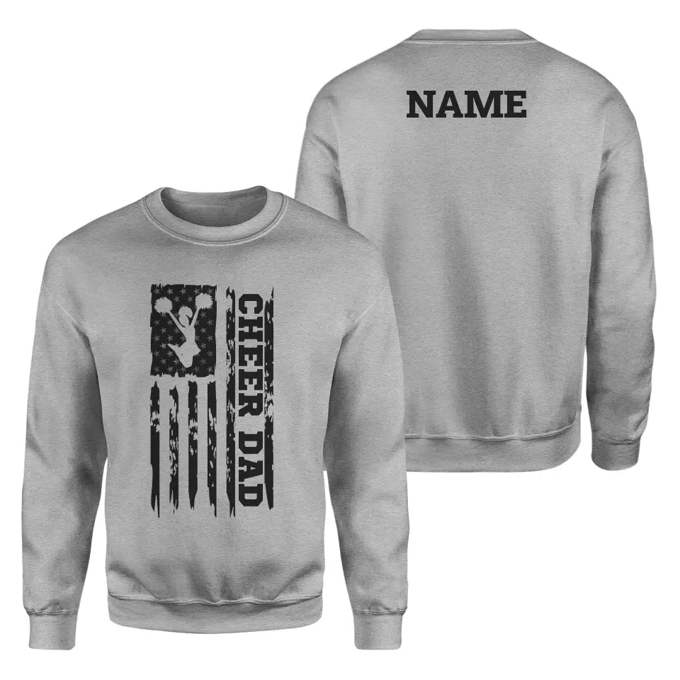 cheer dad vertical flag with cheerleader name on a sweatshirt with a black graphic