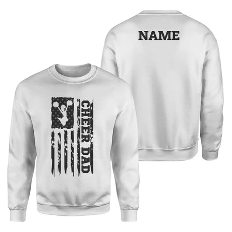 cheer dad vertical flag with cheerleader name on a sweatshirt with a black graphic