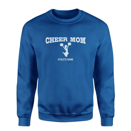 cheer mom with cheerleader icon and cheerleader name on a sweatshirt with a white graphic