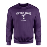 cheer mom with cheerleader icon and cheerleader name on a sweatshirt with a white graphic