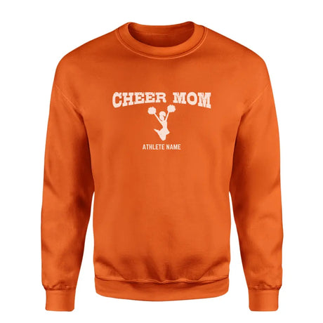 cheer mom with cheerleader icon and cheerleader name on a sweatshirt with a white graphic