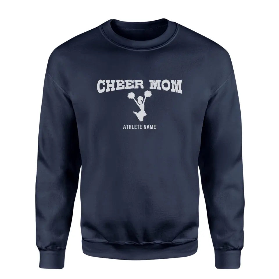 cheer mom with cheerleader icon and cheerleader name on a sweatshirt with a white graphic