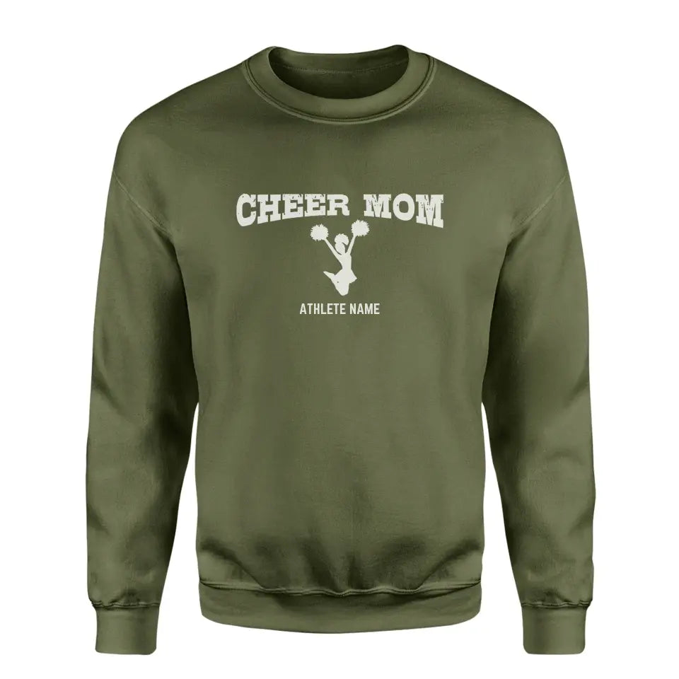 cheer mom with cheerleader icon and cheerleader name on a sweatshirt with a white graphic