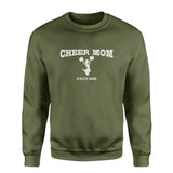 cheer mom with cheerleader icon and cheerleader name on a sweatshirt with a white graphic