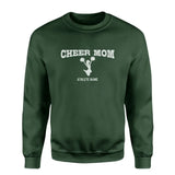 cheer mom with cheerleader icon and cheerleader name on a sweatshirt with a white graphic