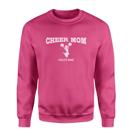 cheer mom with cheerleader icon and cheerleader name on a sweatshirt with a white graphic