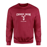 cheer mom with cheerleader icon and cheerleader name on a sweatshirt with a white graphic