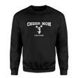 cheer mom with cheerleader icon and cheerleader name on a sweatshirt with a white graphic