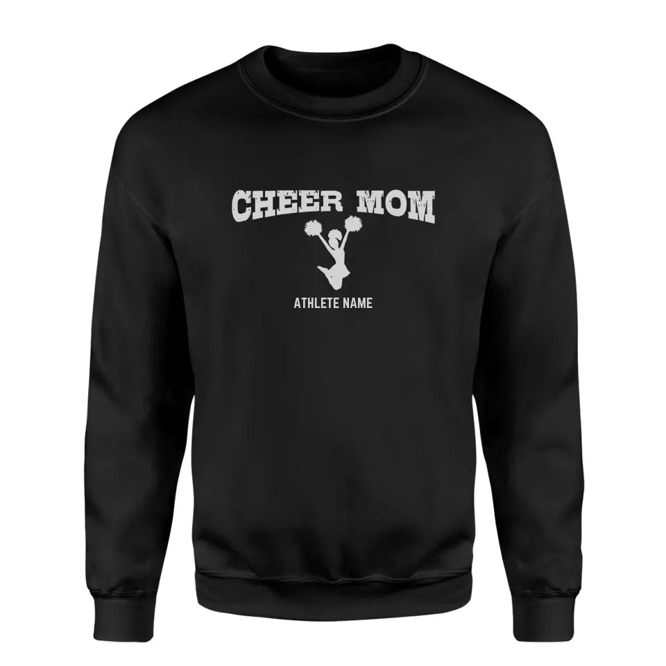 cheer mom with cheerleader icon and cheerleader name on a sweatshirt with a white graphic