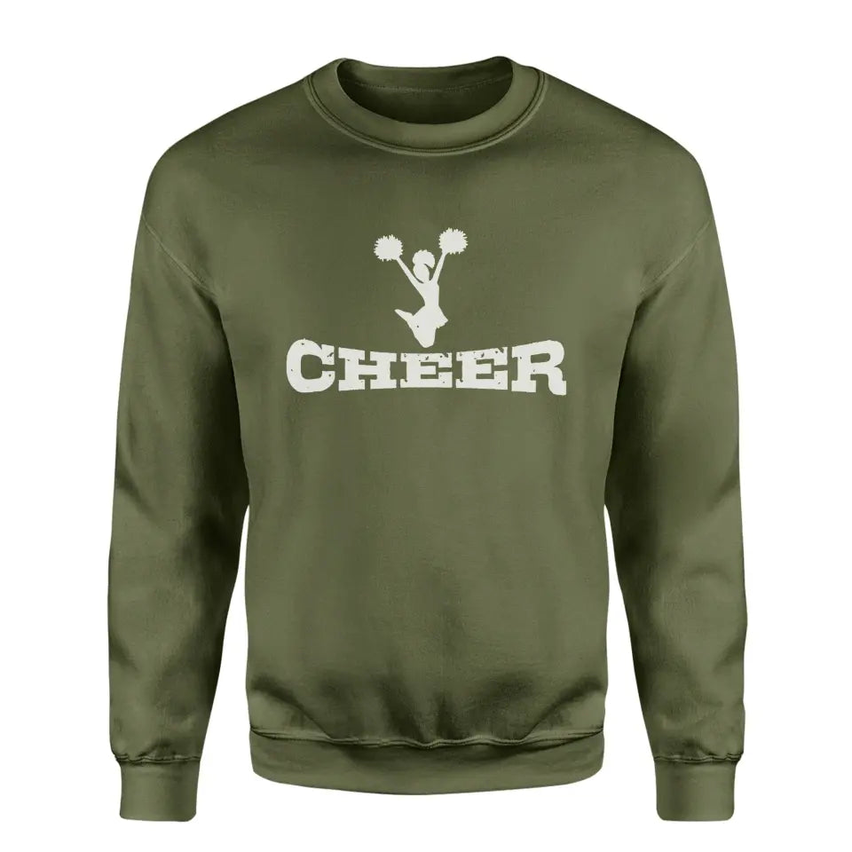 basic cheer with cheerleader icon on a sweatshirt with a white graphic