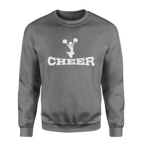 basic cheer with cheerleader icon on a sweatshirt with a white graphic