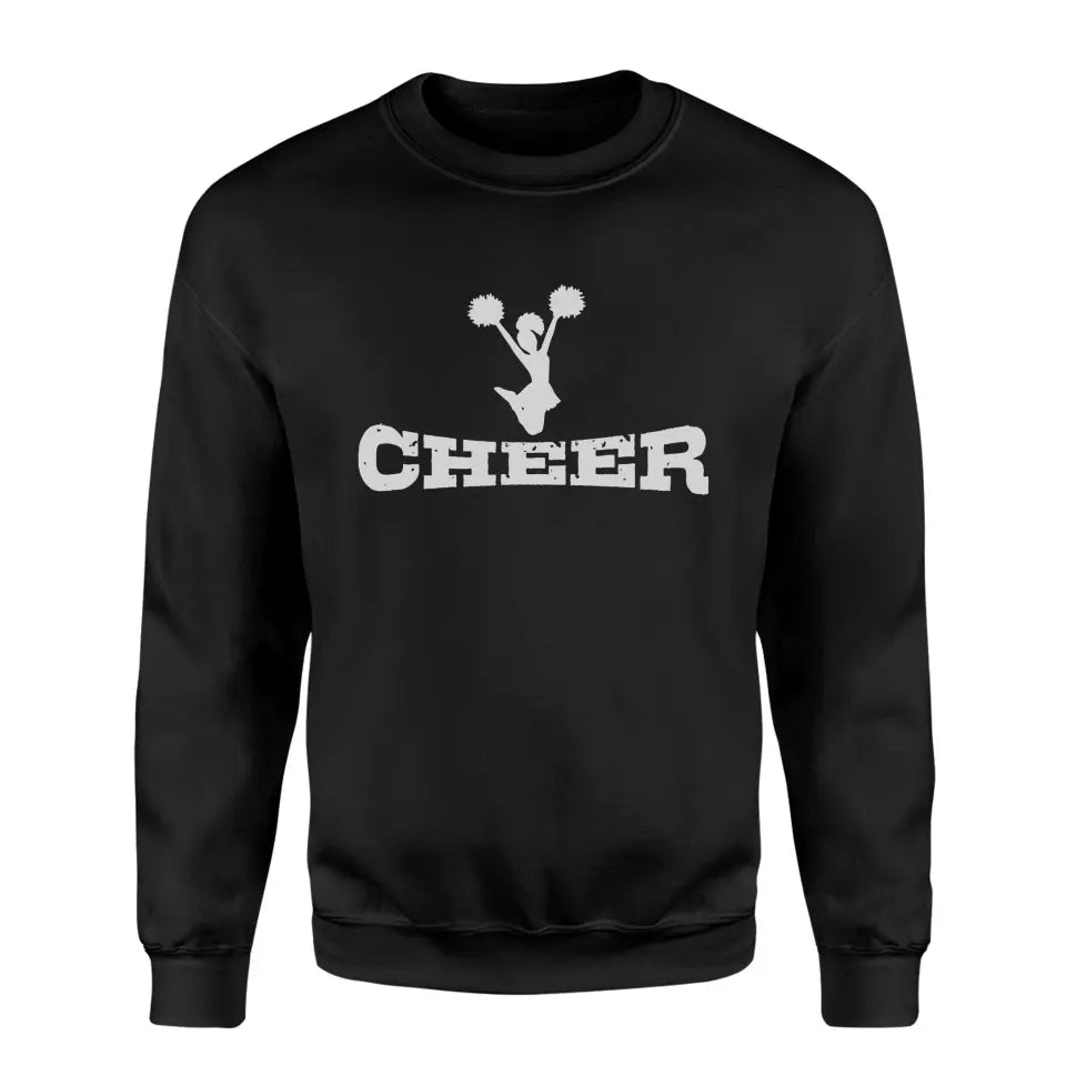 basic cheer with cheerleader icon on a sweatshirt with a white graphic