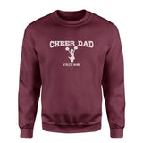 cheer dad with cheerleader icon and cheerleader name on a sweatshirt with a white graphic