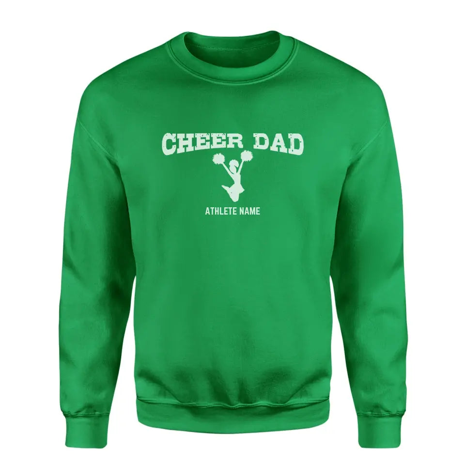 cheer dad with cheerleader icon and cheerleader name on a sweatshirt with a white graphic