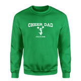 cheer dad with cheerleader icon and cheerleader name on a sweatshirt with a white graphic