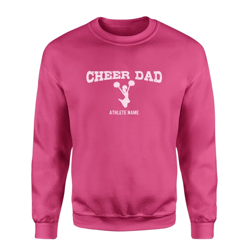 cheer dad with cheerleader icon and cheerleader name on a sweatshirt with a white graphic