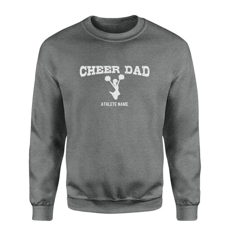 cheer dad with cheerleader icon and cheerleader name on a sweatshirt with a white graphic