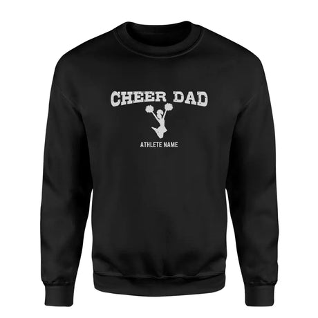 cheer dad with cheerleader icon and cheerleader name on a sweatshirt with a white graphic