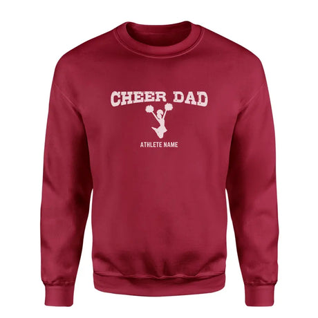 cheer dad with cheerleader icon and cheerleader name on a sweatshirt with a white graphic