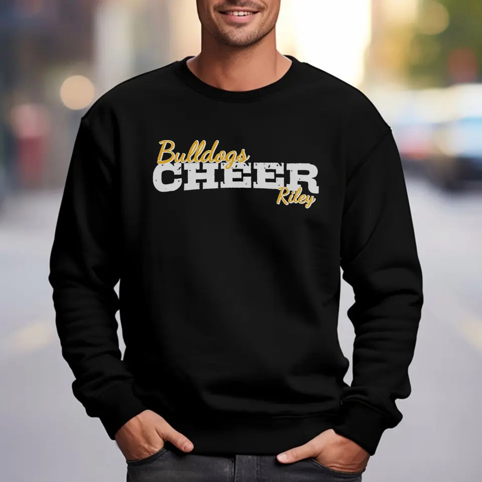 custom cheer mascot and cheerleader name on a sweatshirt with a white graphic