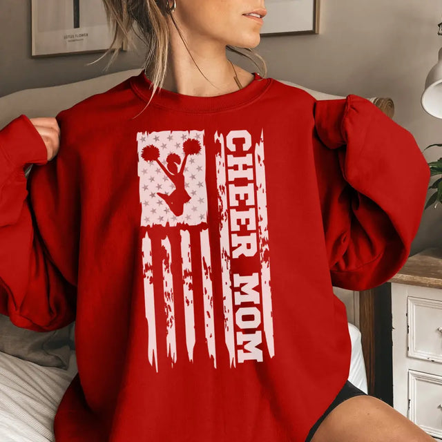 cheer mom vertical flag on a sweatshirt with a white graphic