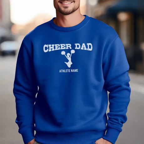 cheer dad with cheerleader icon and cheerleader name on a sweatshirt with a white graphic