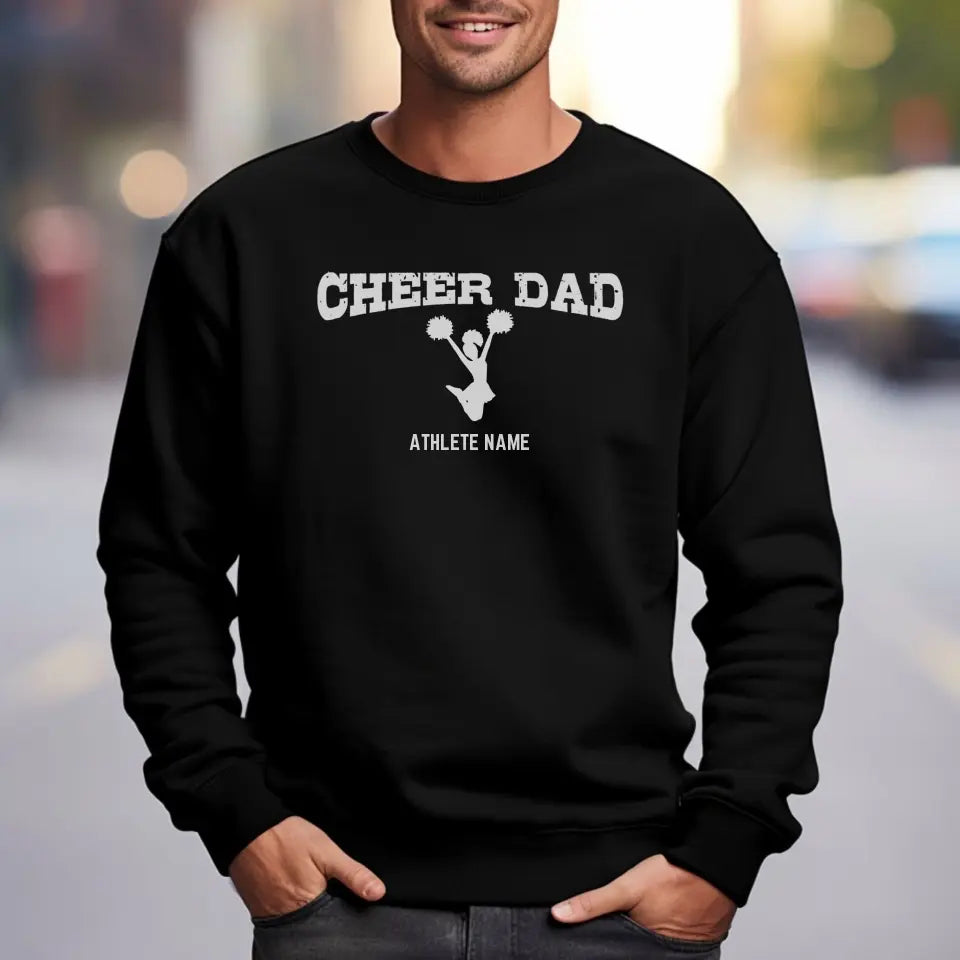 cheer dad with cheerleader icon and cheerleader name on a sweatshirt with a white graphic