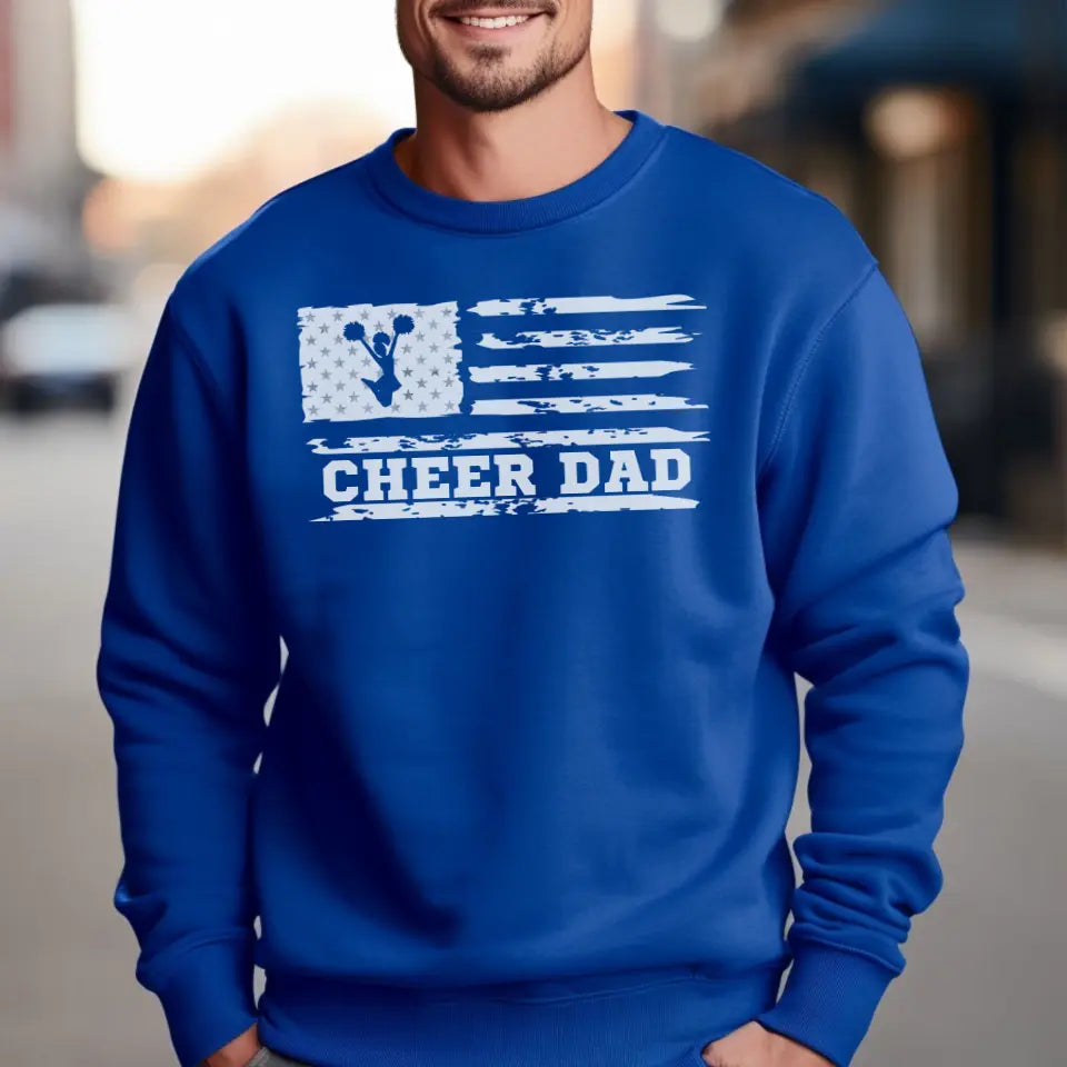 cheer dad horizontal flag on a sweatshirt with a white graphic