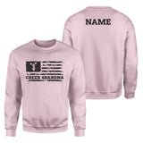 cheer grandma horizontal flag with cheerleader name on a sweatshirt with a black graphic