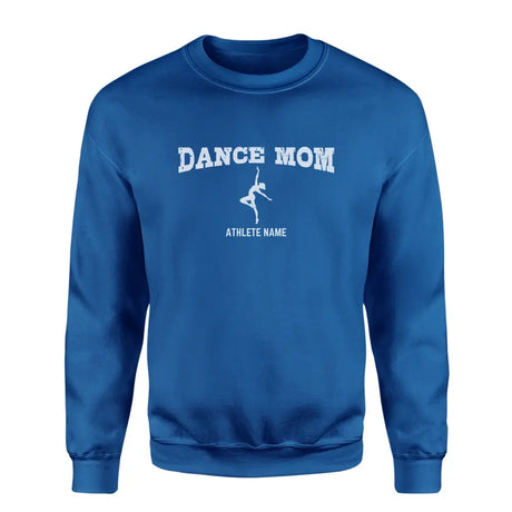 dance mom with dancer icon and dancer name on a sweatshirt with a white graphic