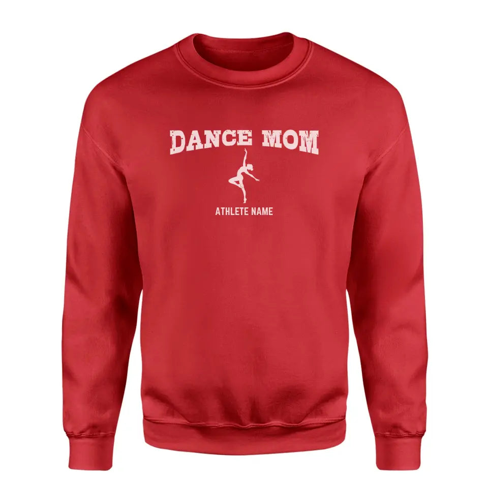 dance mom with dancer icon and dancer name on a sweatshirt with a white graphic