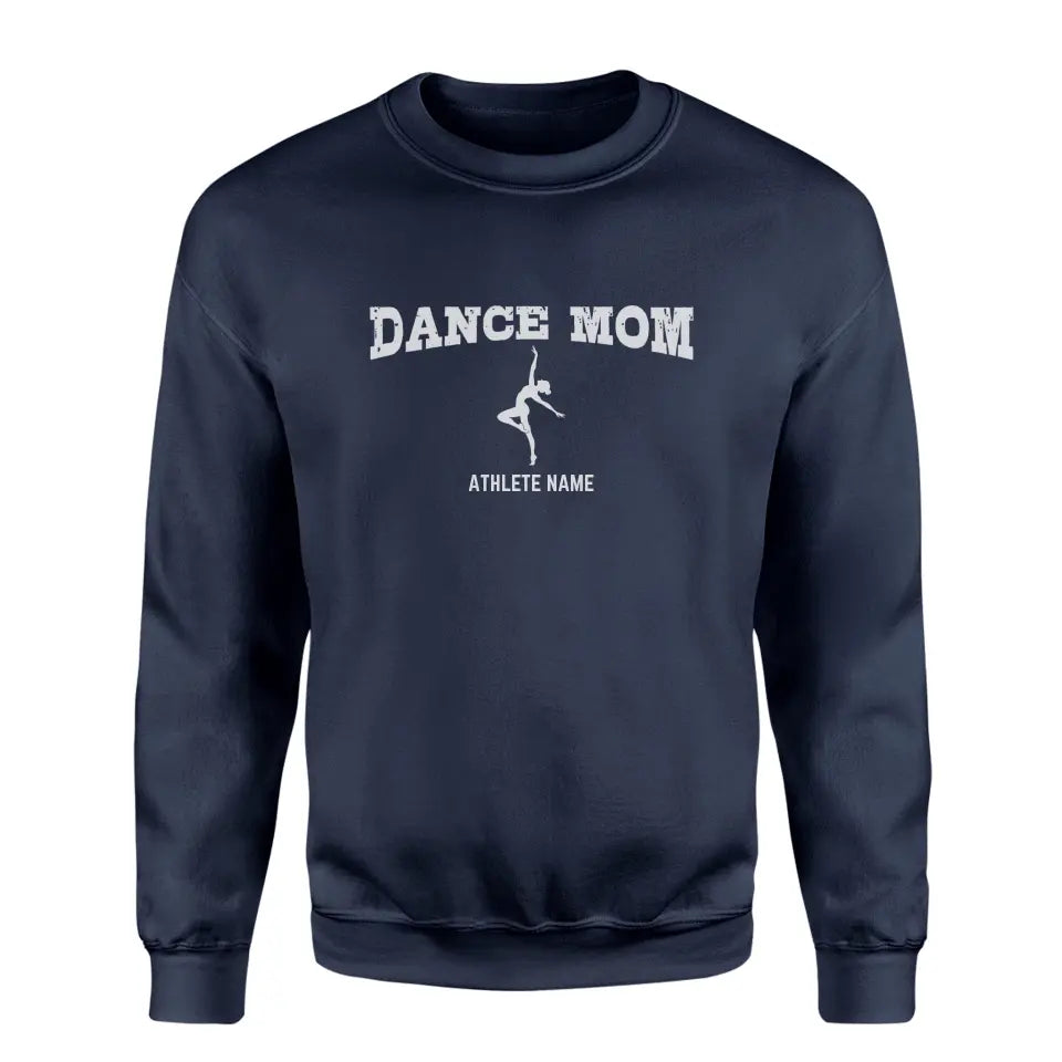 dance mom with dancer icon and dancer name on a sweatshirt with a white graphic