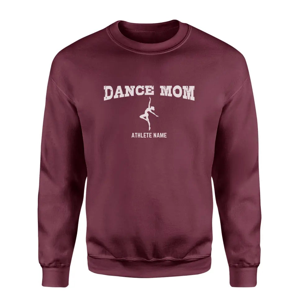 dance mom with dancer icon and dancer name on a sweatshirt with a white graphic