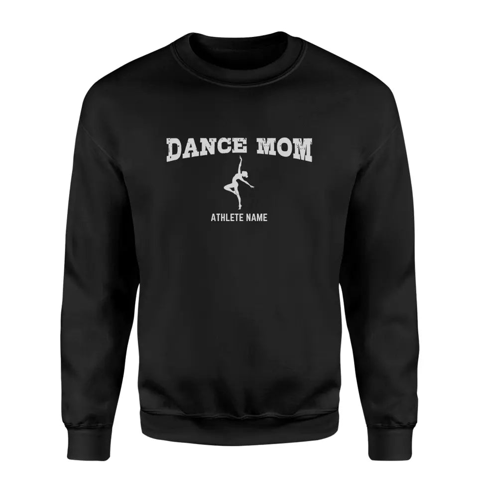 dance mom with dancer icon and dancer name on a sweatshirt with a white graphic