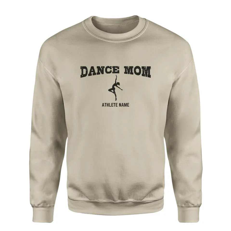 dance mom with dancer icon and dancer name on a sweatshirt with a black graphic