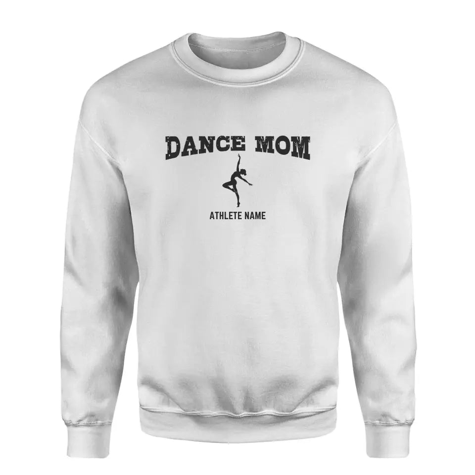 dance mom with dancer icon and dancer name on a sweatshirt with a black graphic