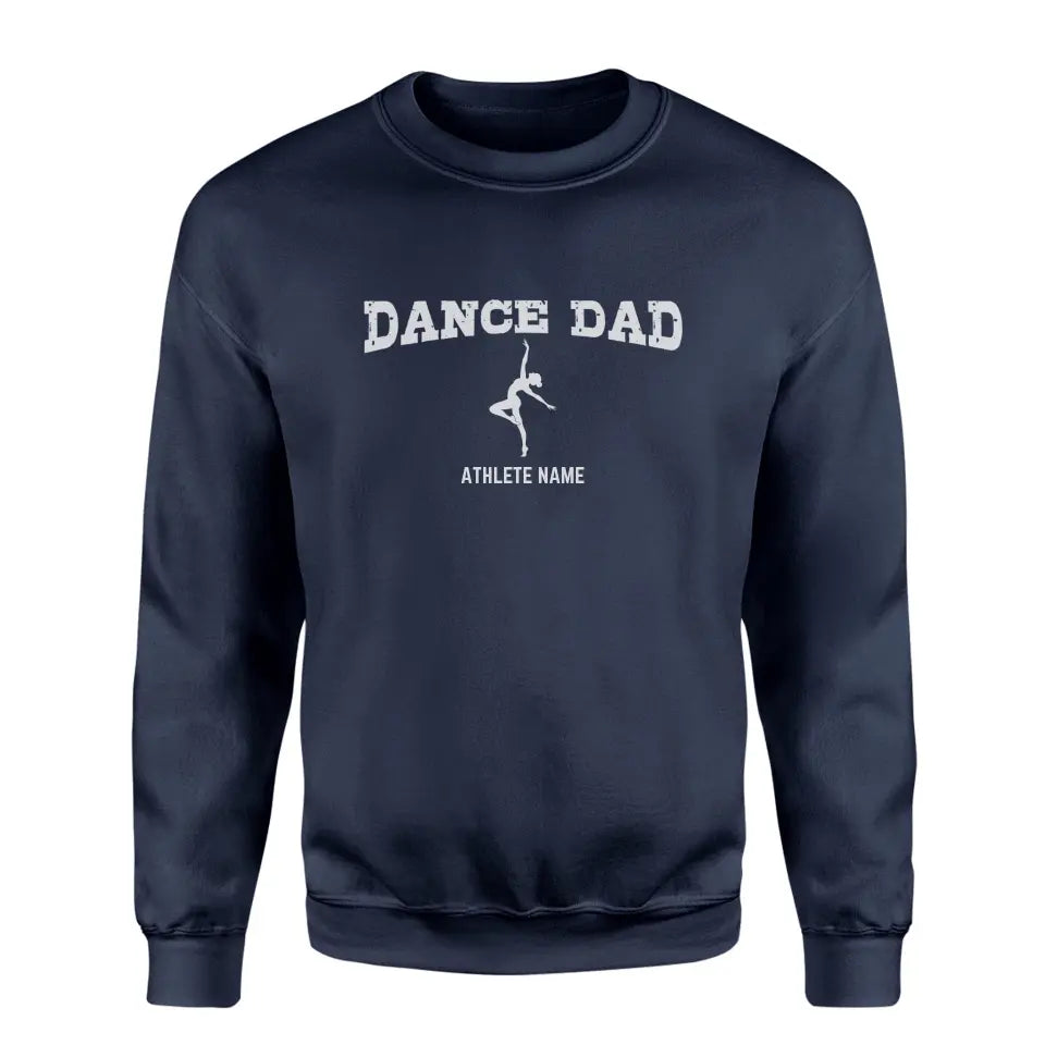 dance dad with dancer icon and dancer name on a sweatshirt with a white graphic