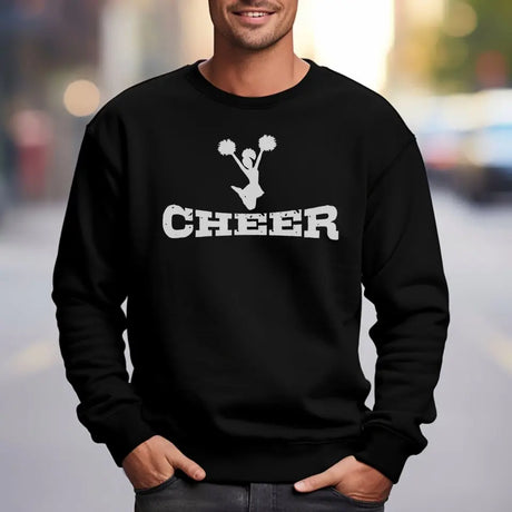 basic cheer with cheerleader icon on a sweatshirt with a white graphic