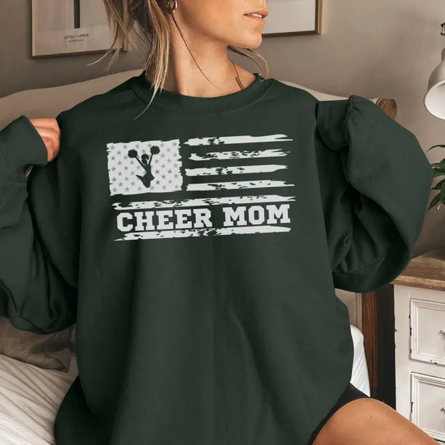 cheer mom horizontal flag on a sweatshirt with a white graphic